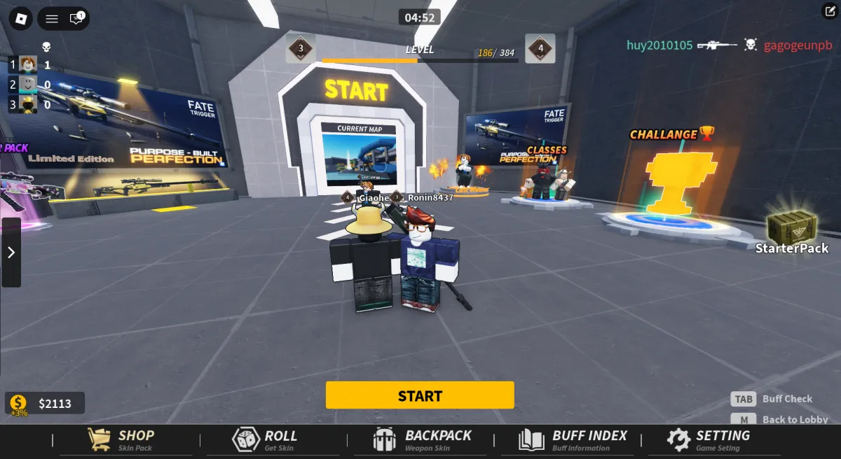 Lobby de Fate Trigger no Roblox com jogadores e interface do jogo