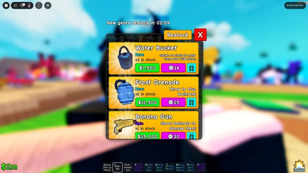 Equipamentos de Plants vs Brainrots no Roblox organizados por raridade