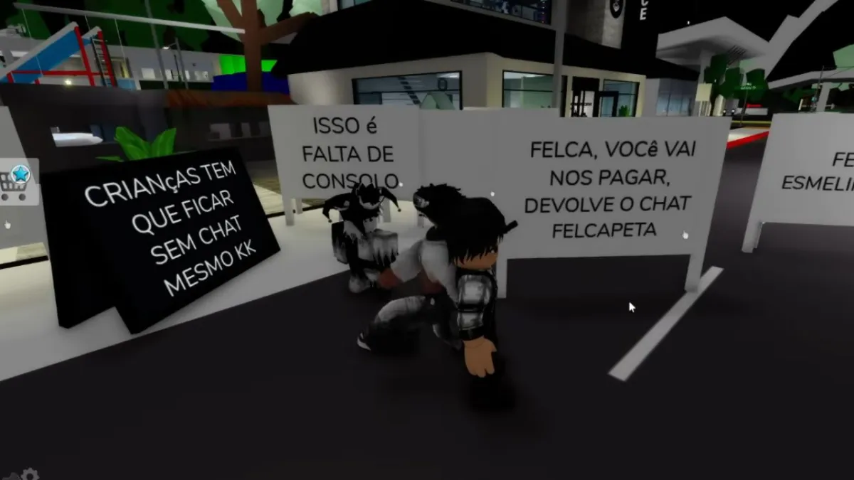 Jogadores protestando em Brookhaven RP contra bloqueio do chat do Roblox