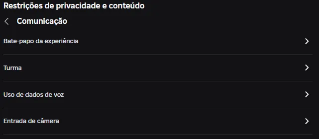 Configurações de privacidade do Roblox sem a opção de Chat de Voz