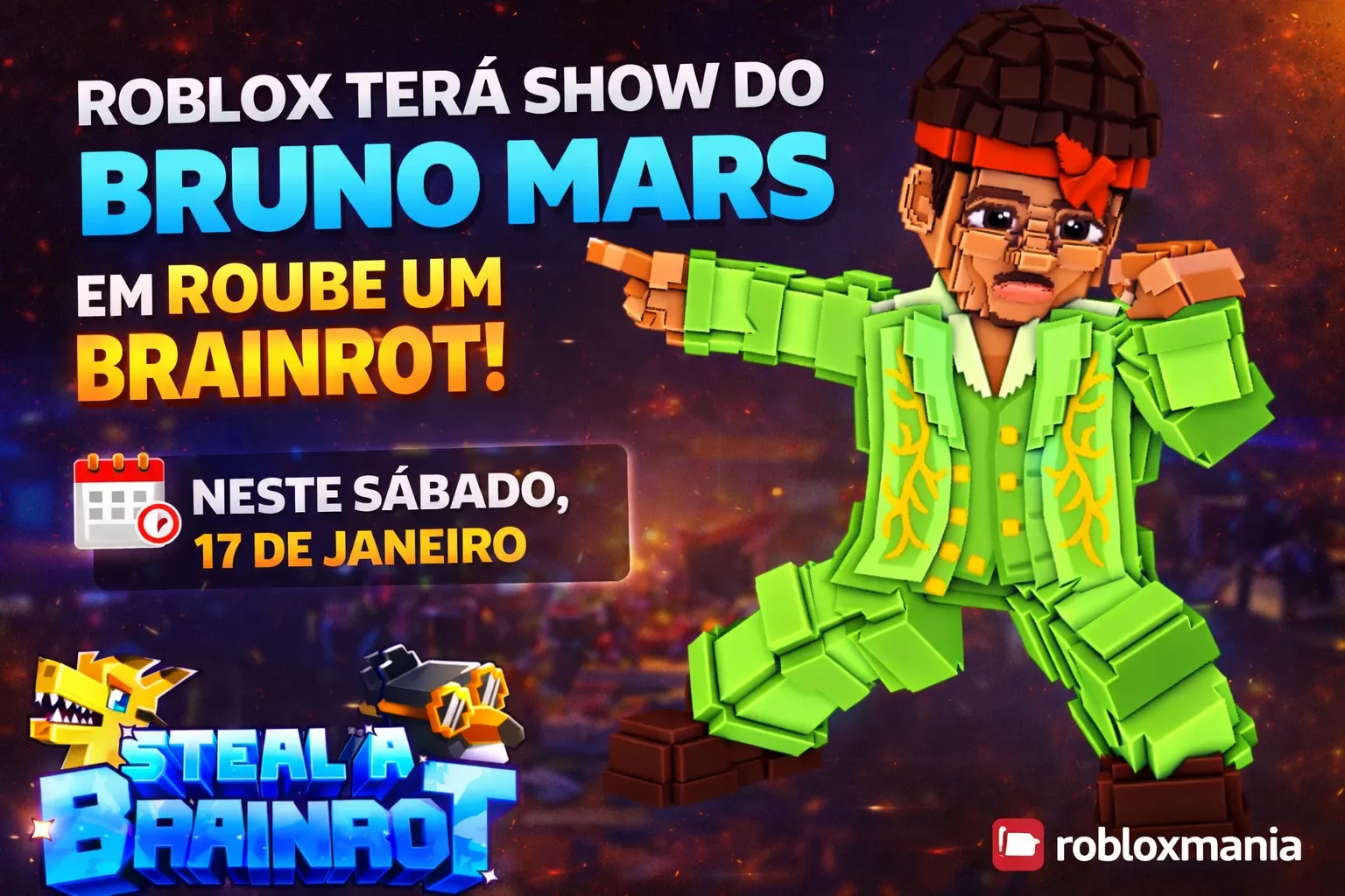 Notícia sobre Roblox terá show do Bruno Mars em Roube um Brainrot neste sábado