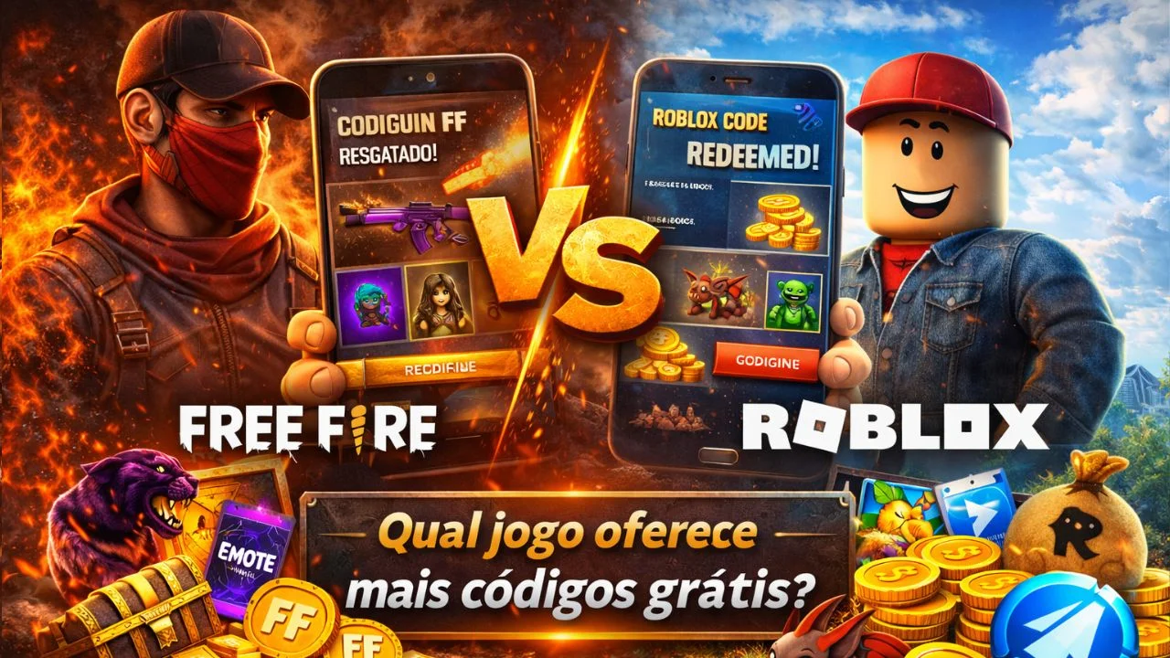 Notícia sobre Roblox ou Free Fire: qual jogo libera mais códigos grátis?